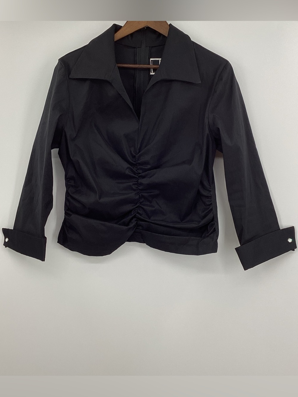 Tadashi Shoji Black Taffeta Ruched Front Dressy Blouse